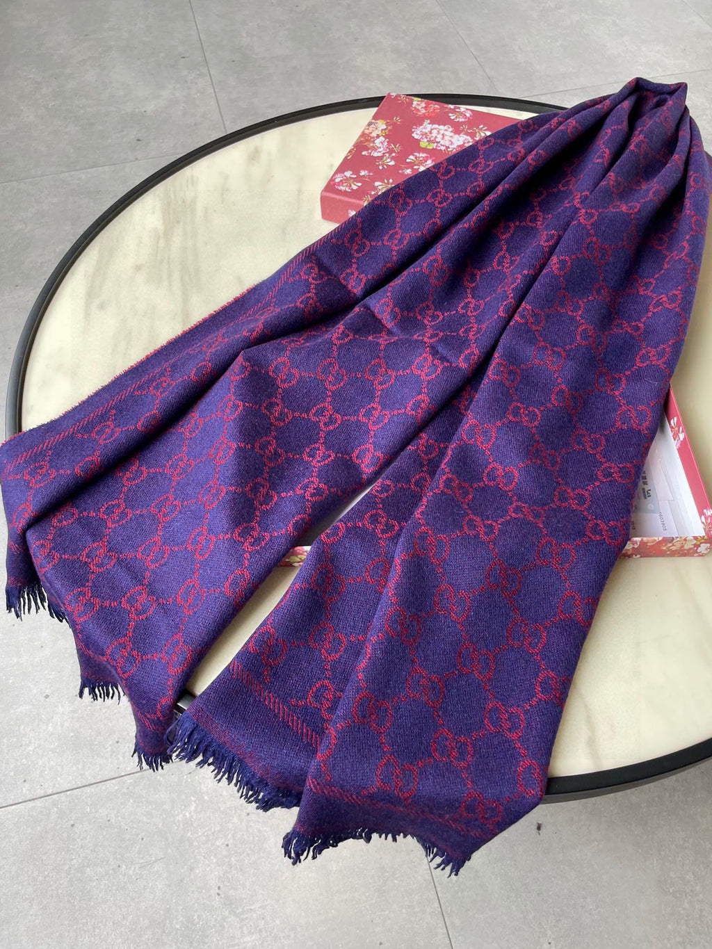 GUCCI SCARF 180 CM IN VIOLET PURPLE PATTERN MONOGRAM WOOL 407526